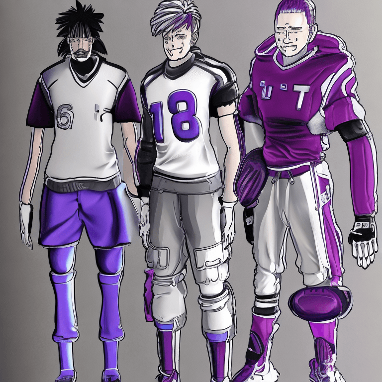 AI generated: anime characters wearing football uniforms, in cyberpunk style, dark white and light purple, precise...