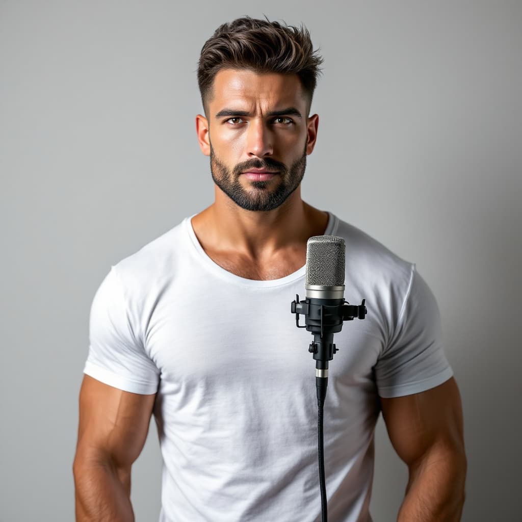 AI generated: VERY SEXY MUSCLE MAN WITH MICROPHONE LOOKING THE CAMERA
WEARING A WHITE TSHIRT, 