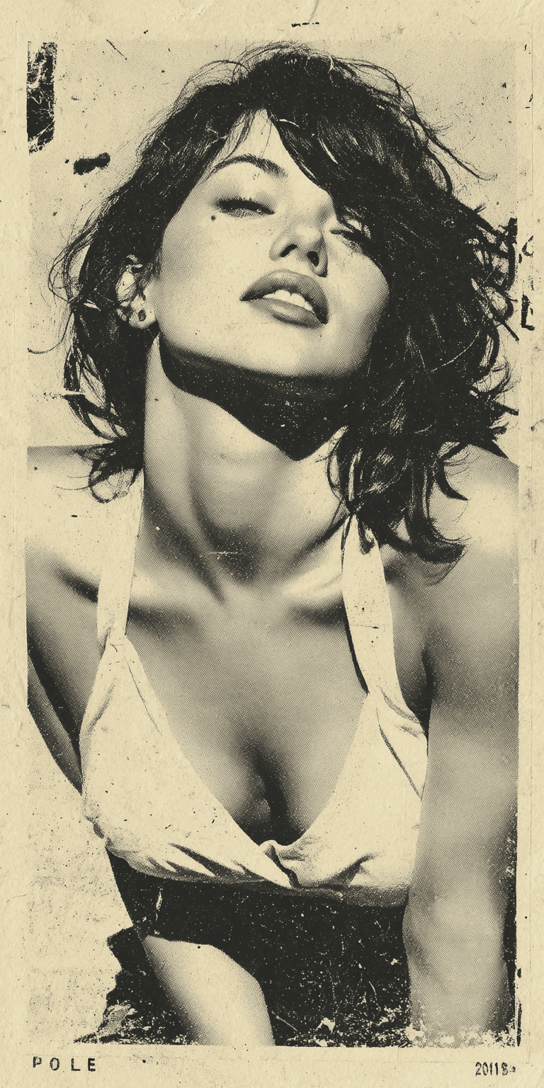 AI generated: vintage distressed poster style, portrayal of a woman, black ink on beige paper, vintage look, white...