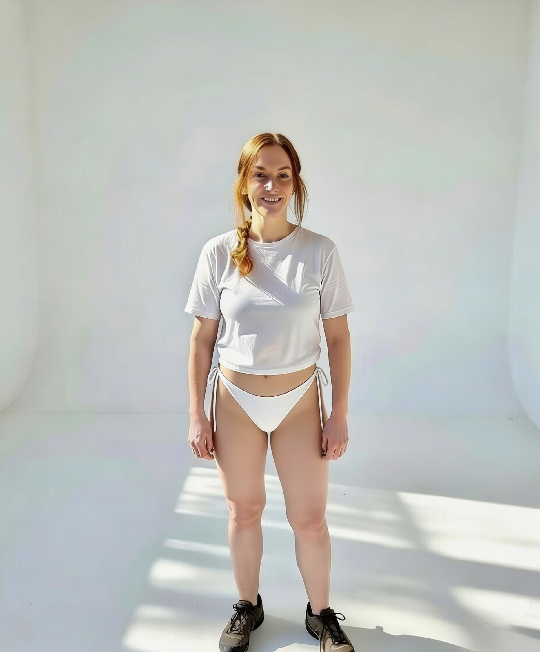 AI generated: sie trägt eine weissen string tanga und ein weisses shirt