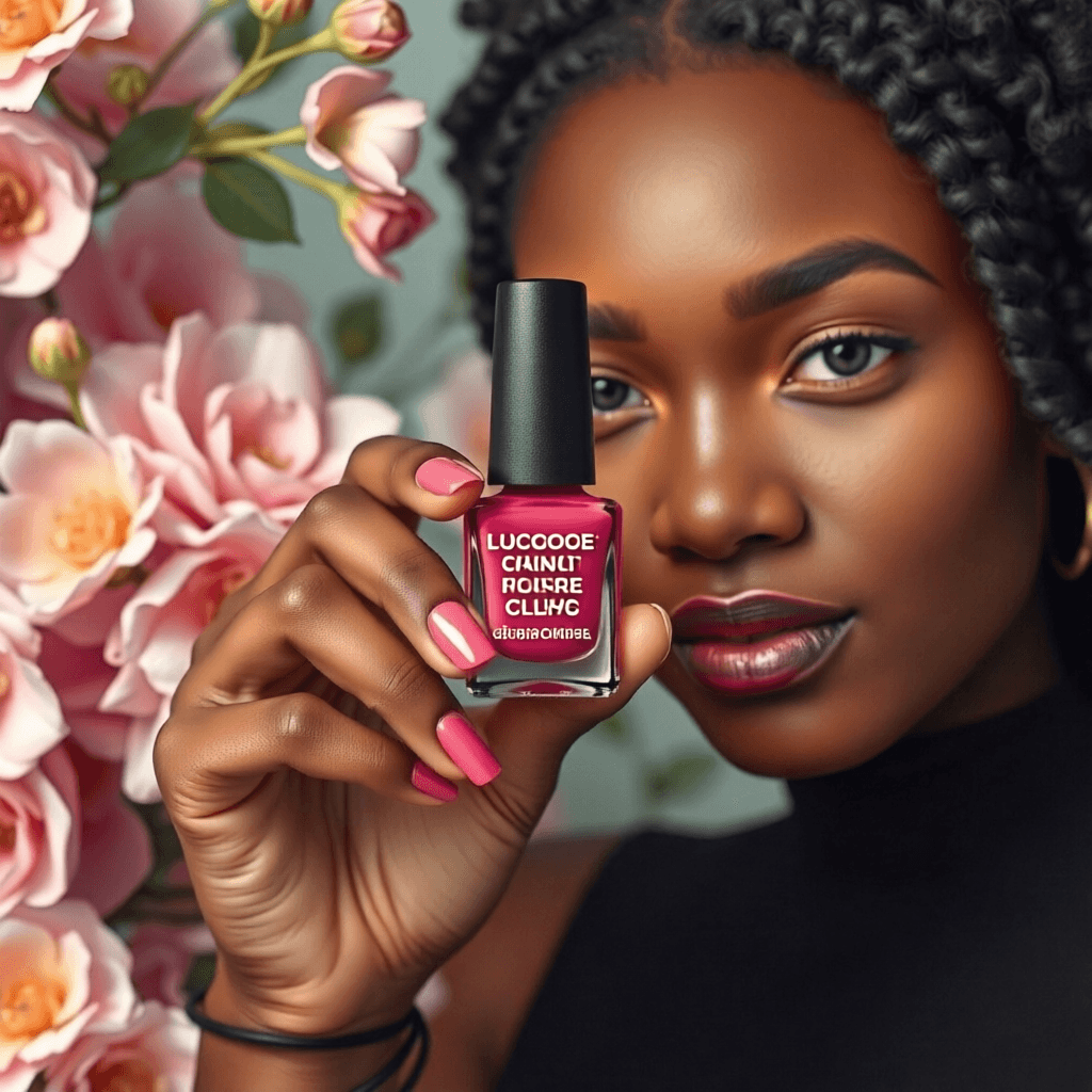 AI generated: Can you combine these 2 photos? And can you make sure I see the name on the nail polish bottle?