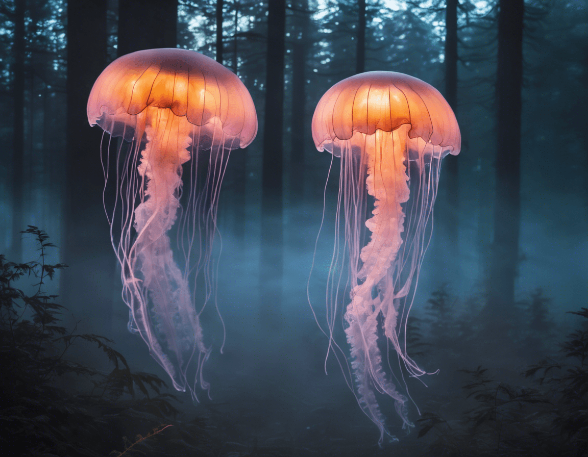 AI generated: Glowing jellyfish floating through a foggy forest at twilight