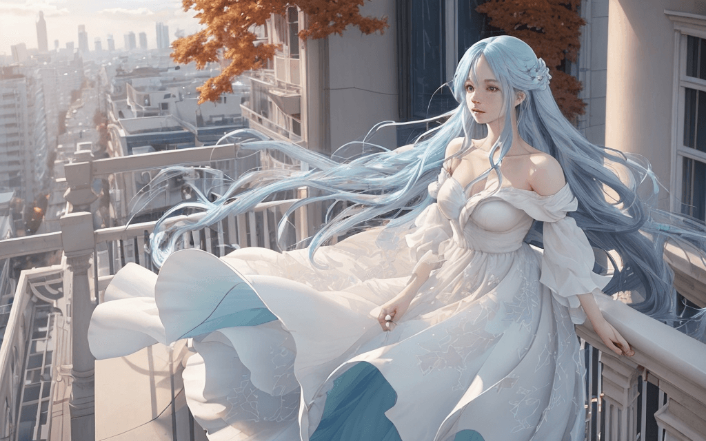 AI generated: A woman with long, flowing blue hair 
stands on a balcony overlooking a cityscape, 
with autumn leav...