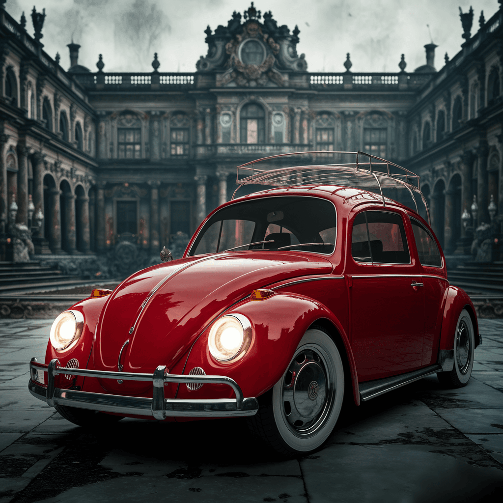 AI generated: General outline of a latest model red volkswagen beetle in steampunk style,  with glowing headlights...