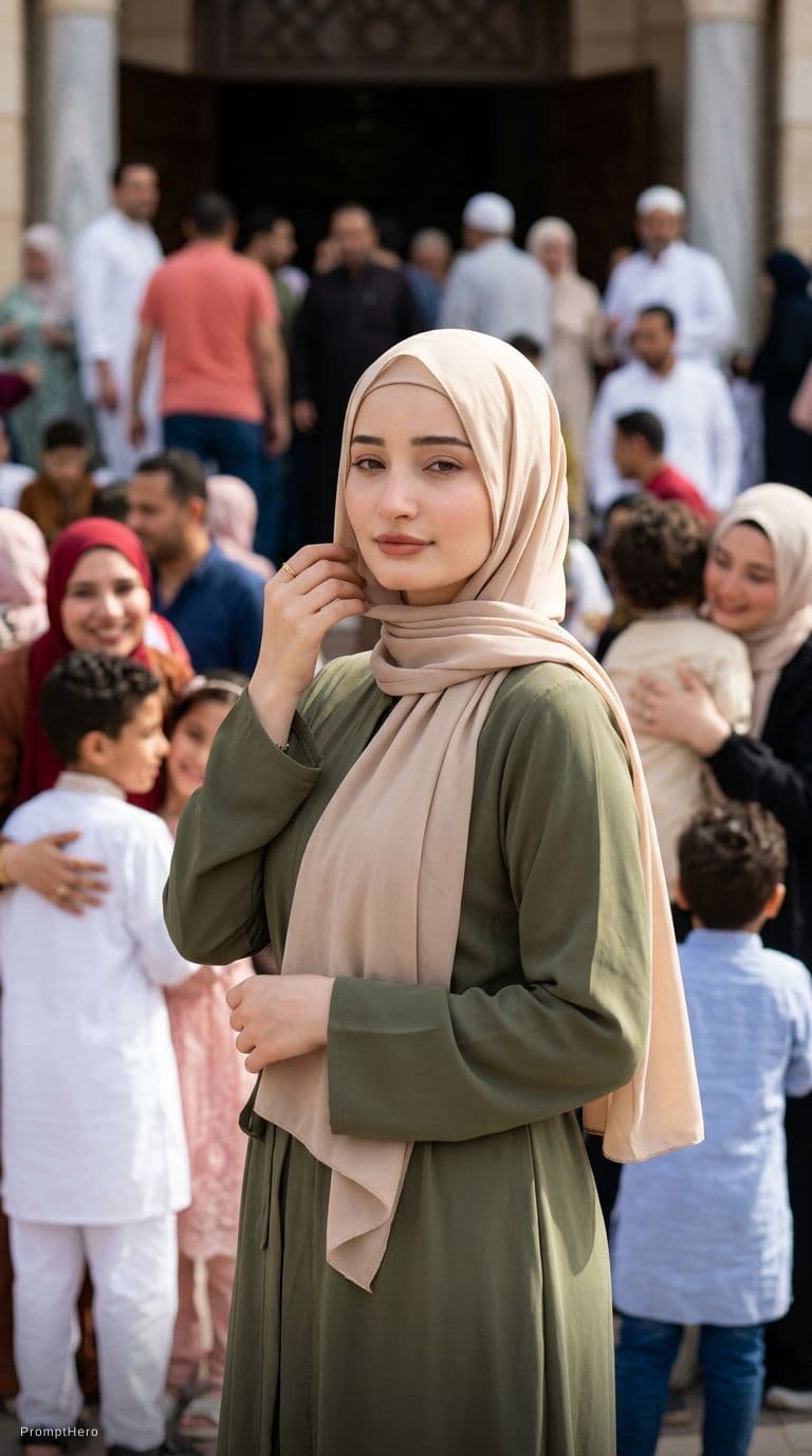 AI generated: A stunning 8K cinematic close-up portrait of a modest Egyptian girl standing outside a mosque after ...