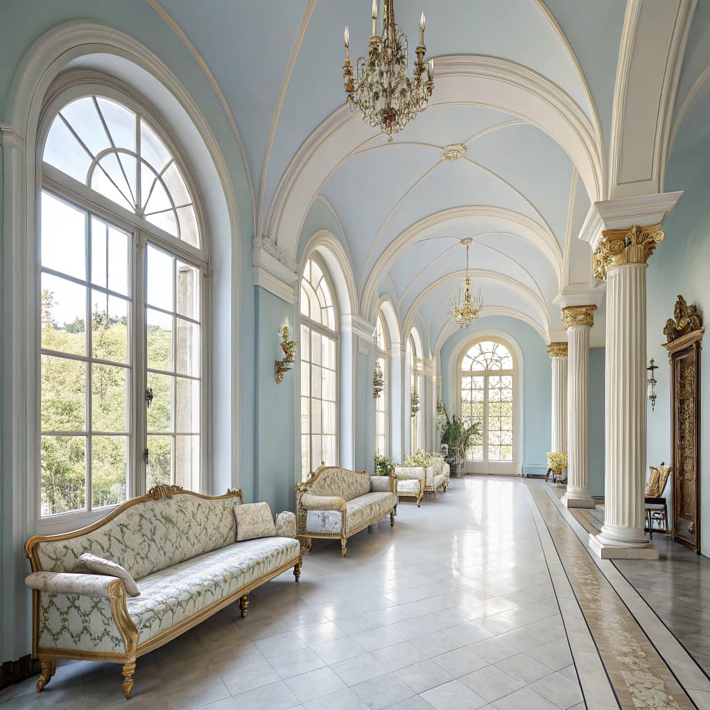 AI generated: Italian luxury long dining room with hig ceilling big arch shape windows natural ligh day come from ...