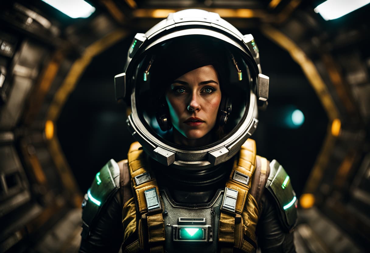 AI generated: 200mm grunge detailed portrait photo by Hugo Ceneviva, a doomgirl near a space portal, eye contact, ...