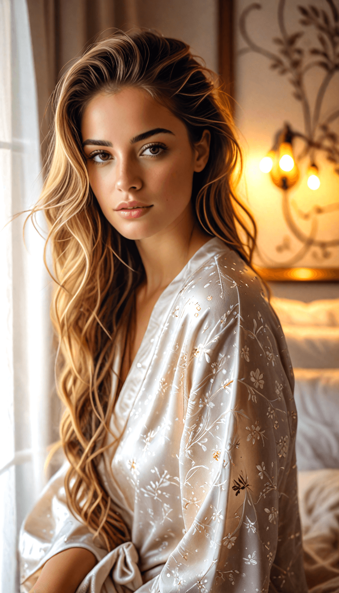 AI generated: A young woman with long, wavy blonde hair, wearing a white satin robe with floral embroidery, sits i...