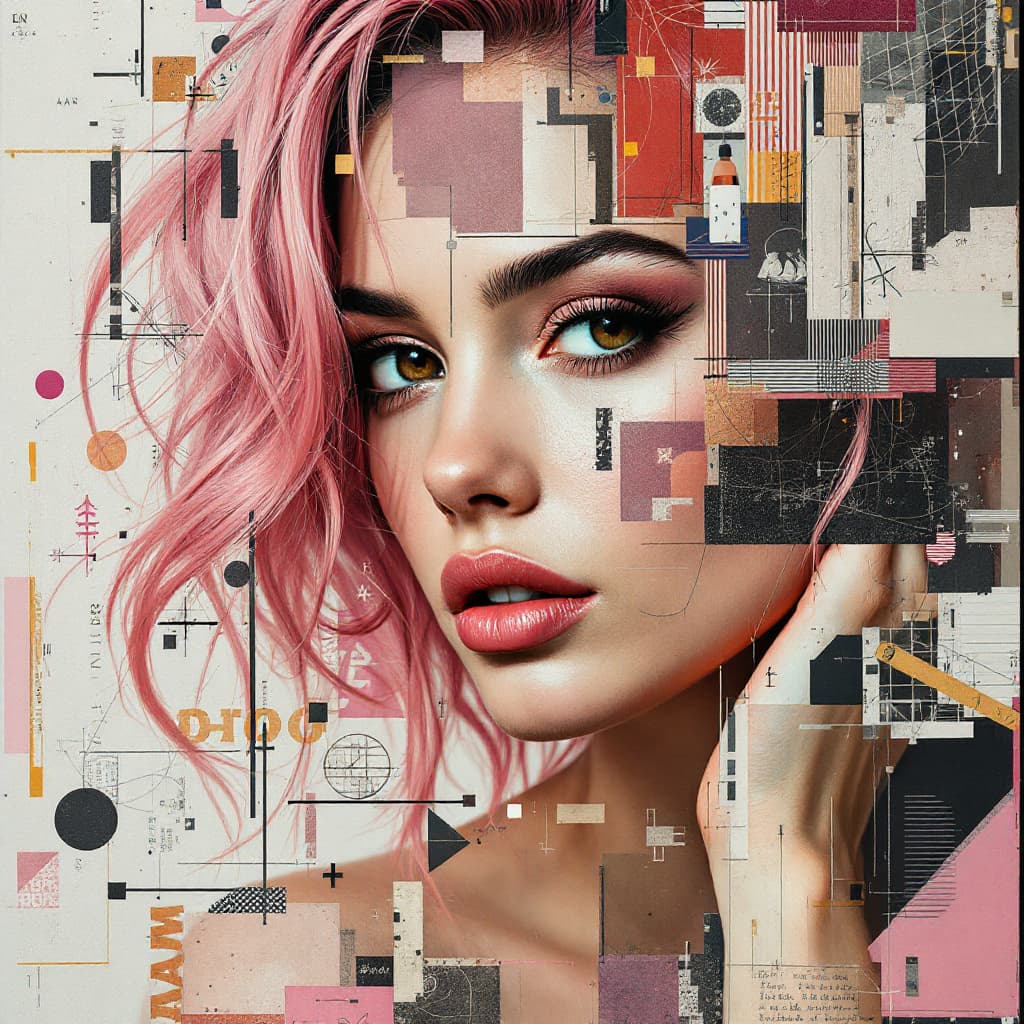 AI generated: woman with pink hair,brown eyes in the style of multi-layered collages, edgy street art, celebrity-p...