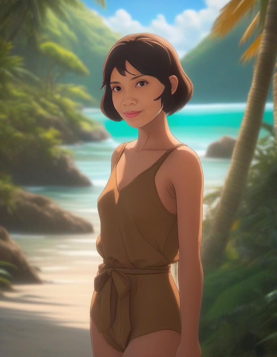 AI generated: a female pirate on a tropical island, islands in the background, clean sharp focus, 8k, best quality...