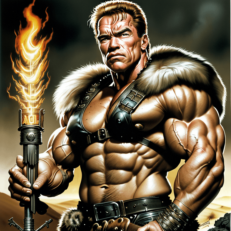 AI generated: arnold schwarzenegger as mad max , muscular, rugged, fur pelt, aggressive, battle pose, holding a to...