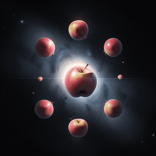 AI generated: a cluster of ripe apples floating weightlessly in the vastness of space, by Sarah Lee, space art com...