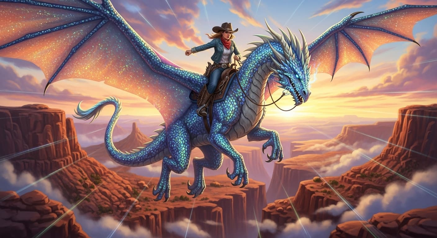 AI generated: A determined cowgirl riding a mythical, glittering dragon, flying over breathtaking canyons surround...