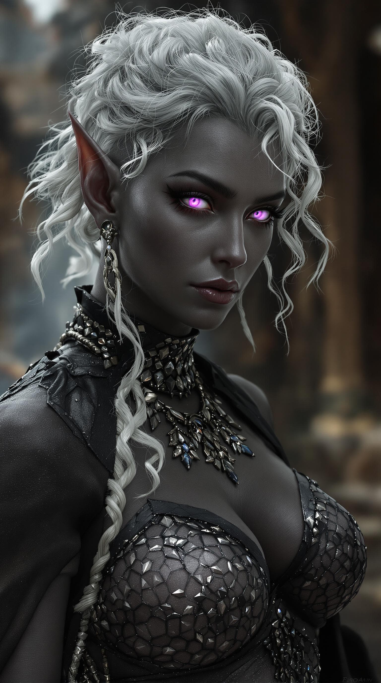 AI generated: Waist high portrait, hip shot, gray-skinned sexy, beautiful drow elfwoman | muscular | dark gray ski...