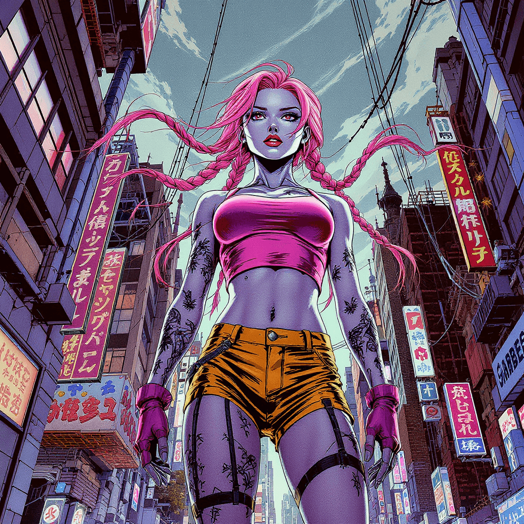 AI generated: Realistic comic book illustration of young beauty European girl with pink hair with two braids stand...