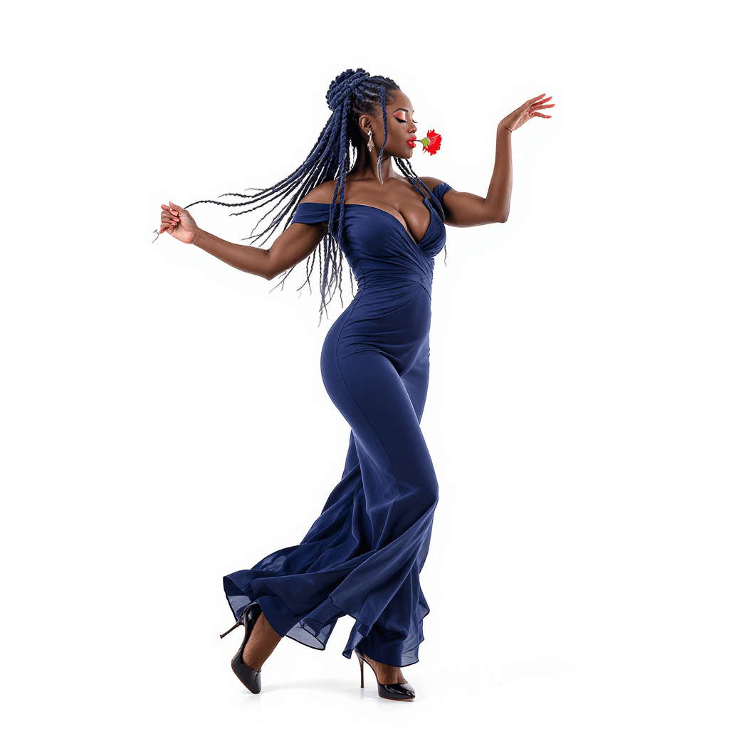 AI generated: full-length highly detailed image of an African American woman with beautiful, long dark blue locs a...