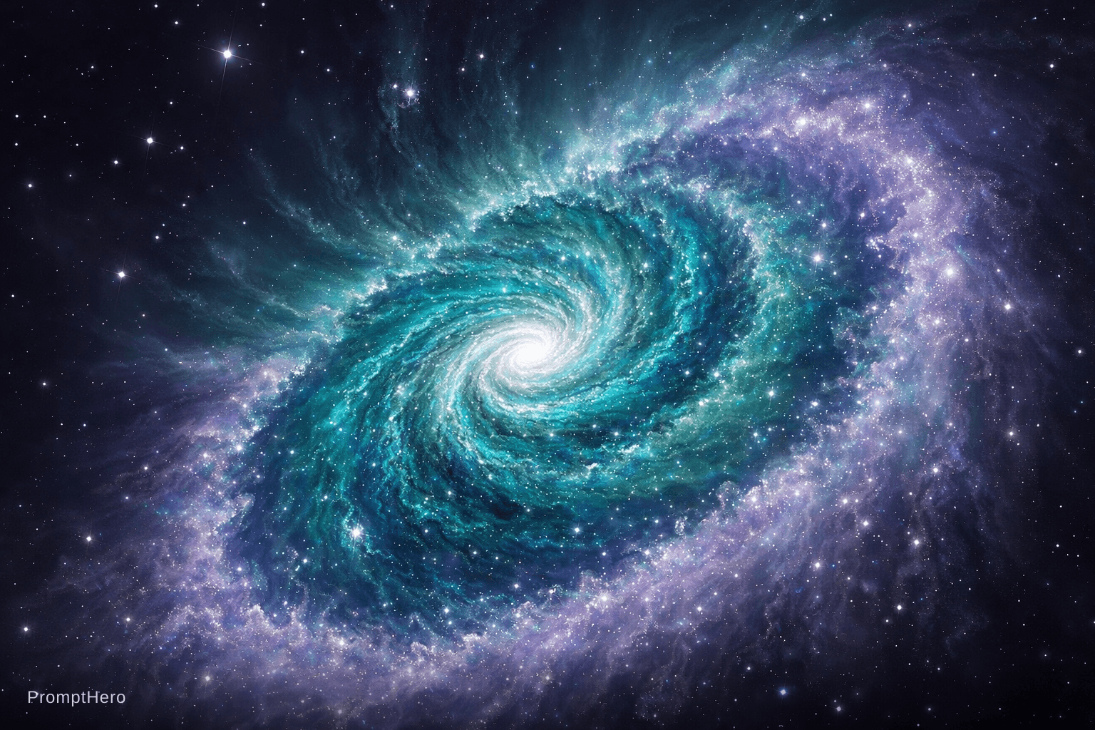 AI generated: create a unique galaxy with it being teal and silver in the center that fades into blues and greens ...