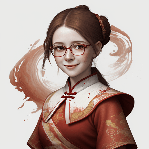 AI generated: a painting of a little smiling  ukranian  woman in red with light brown hair, with glasses, in the s...