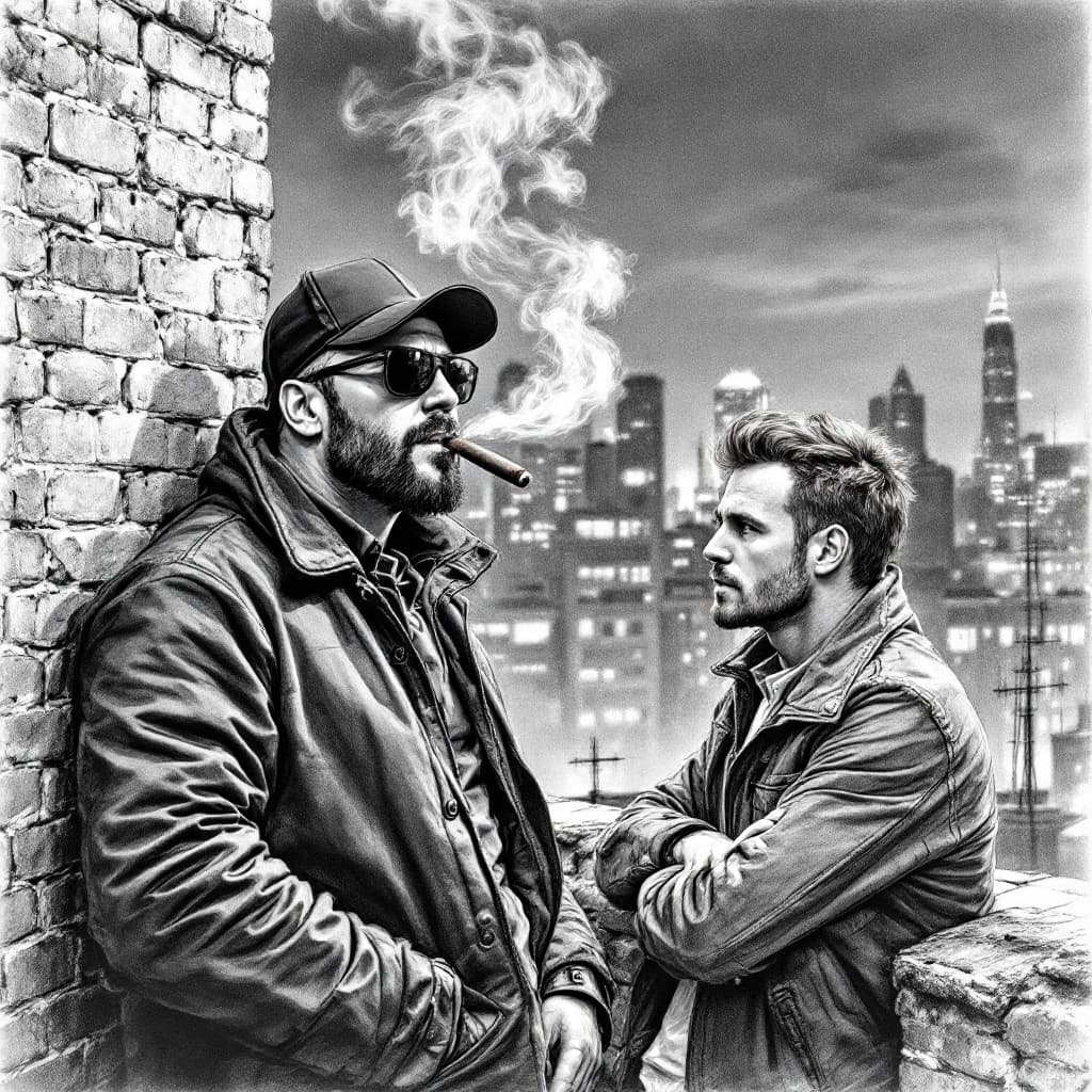 AI generated: *Highly detailed pencil sketch of two confident men standing on a rooftop at night. The first man le...