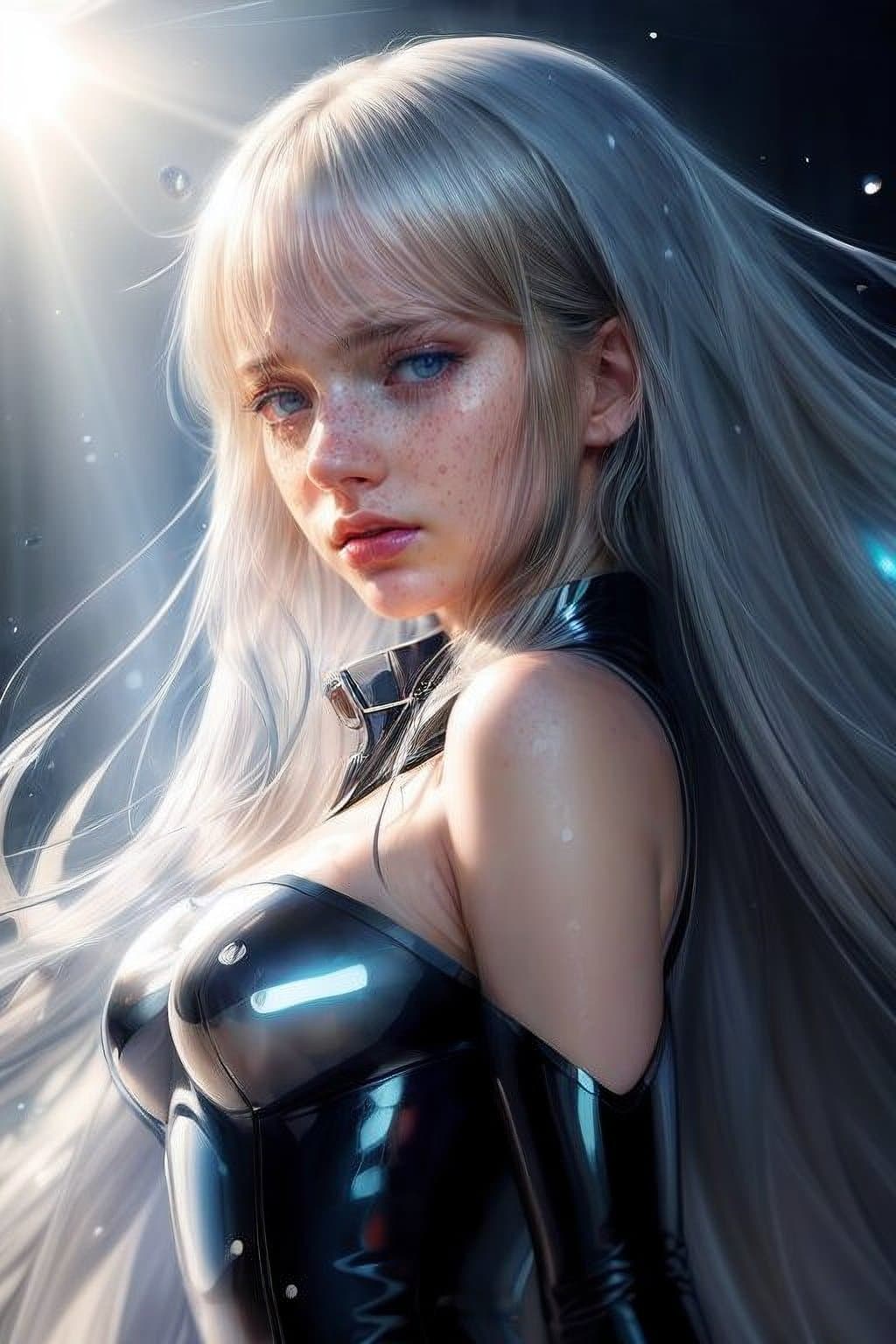 AI generated: full body illustration, Digital illustration, crying woman, tear in her eyes, shiny thick long hair,...