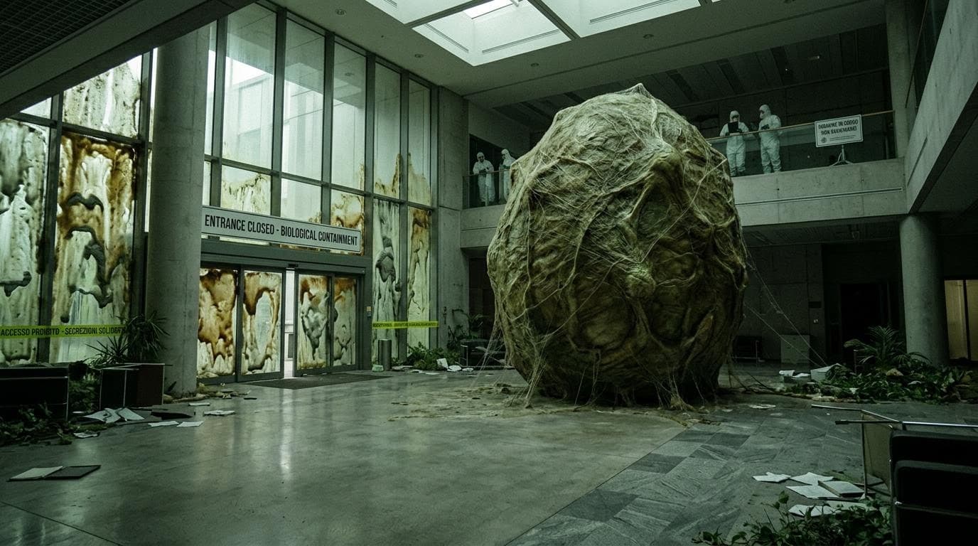 AI generated: Crea il grande atrio  di un palazzo di uffici, con un enorme bozzolo grosso parecchi metri a occupar...