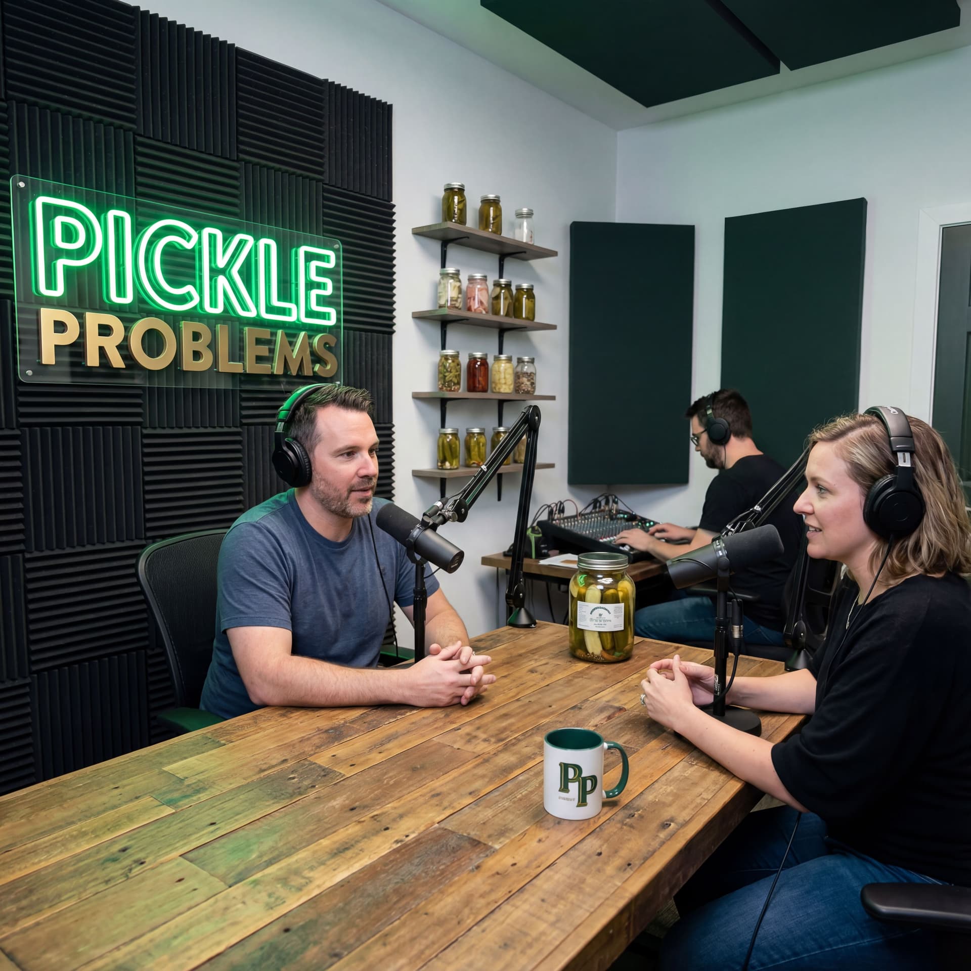 AI generated: create a live working set for a podcast named pickle problems. it should be modern, pickle themed bu...