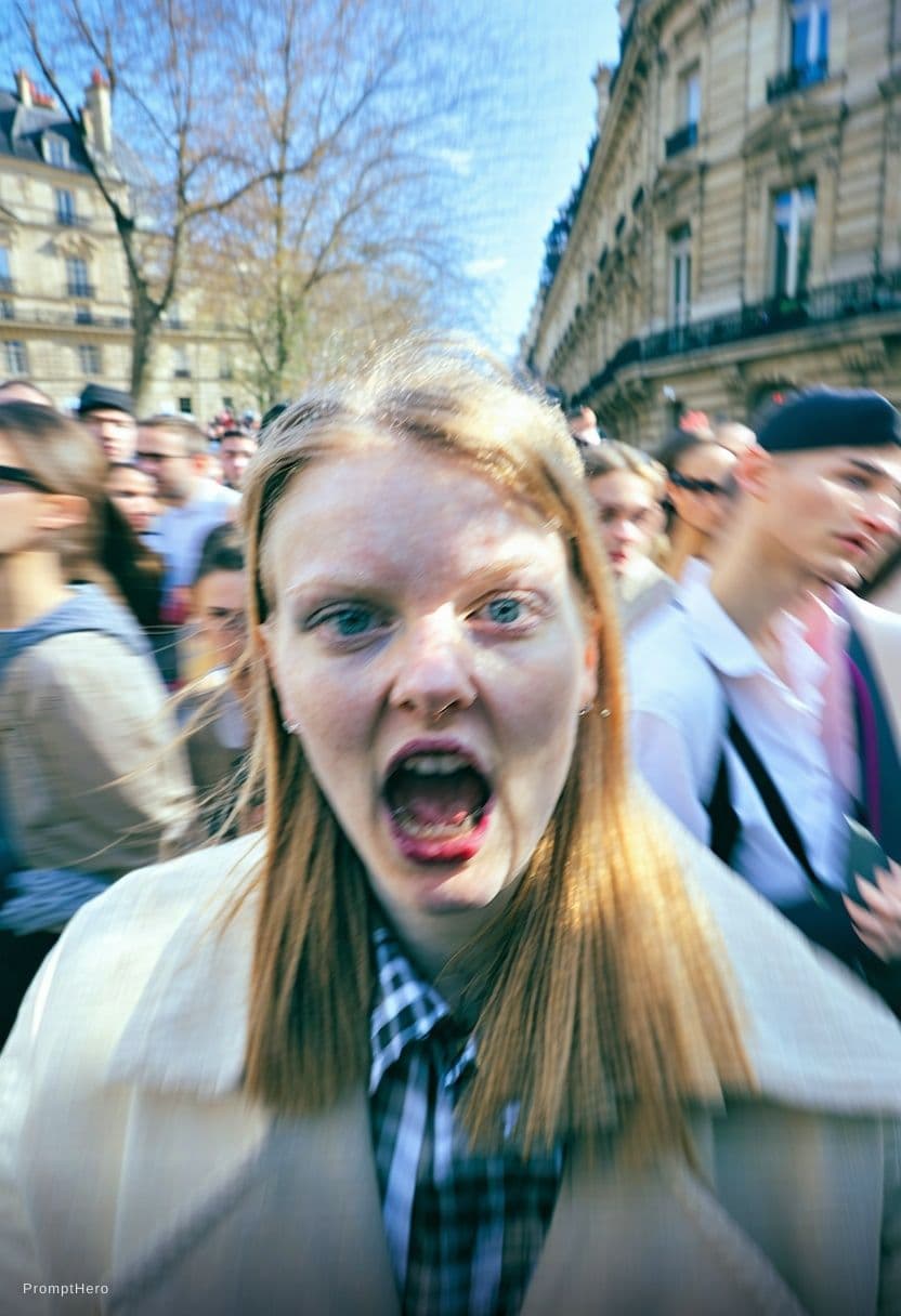 AI generated: Paparazzi-style extreme close-up photo of a woman with striking facial features, caught off-guard wh...