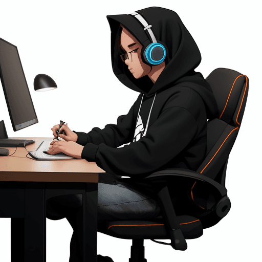 AI generated: Create character, sitting on chair at desk, looking at pc screen, wearing Hoodie and headphones, sim...