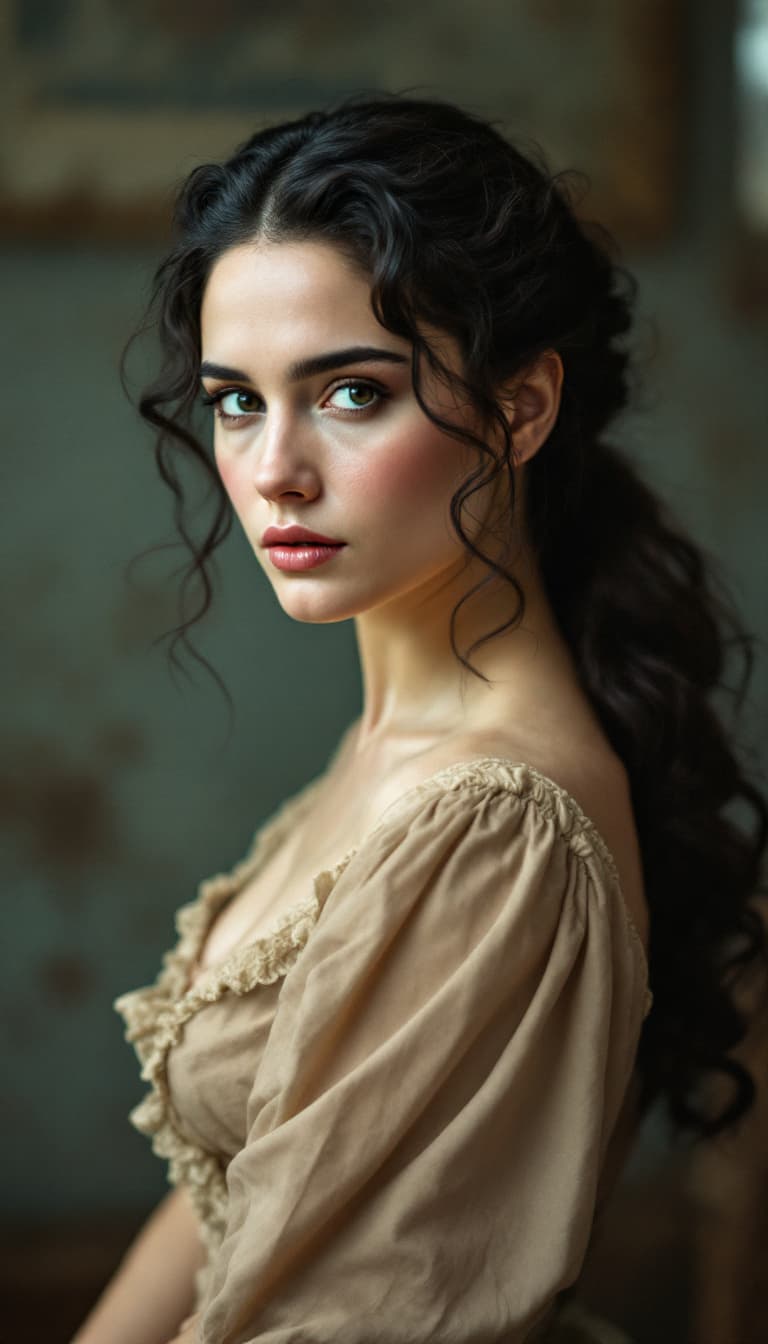 AI generated: 1890's, colour Polarized photo , Jennifer Connelly,ponytail hairstyle.