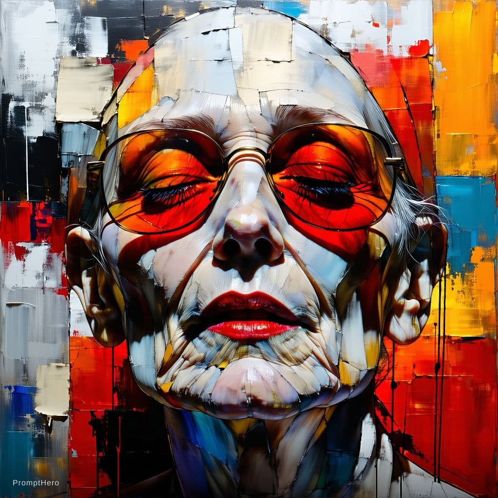 AI generated: Disco elysium style, colourful abstract brush strokes, paint portrait of a beautiful old greak venus...