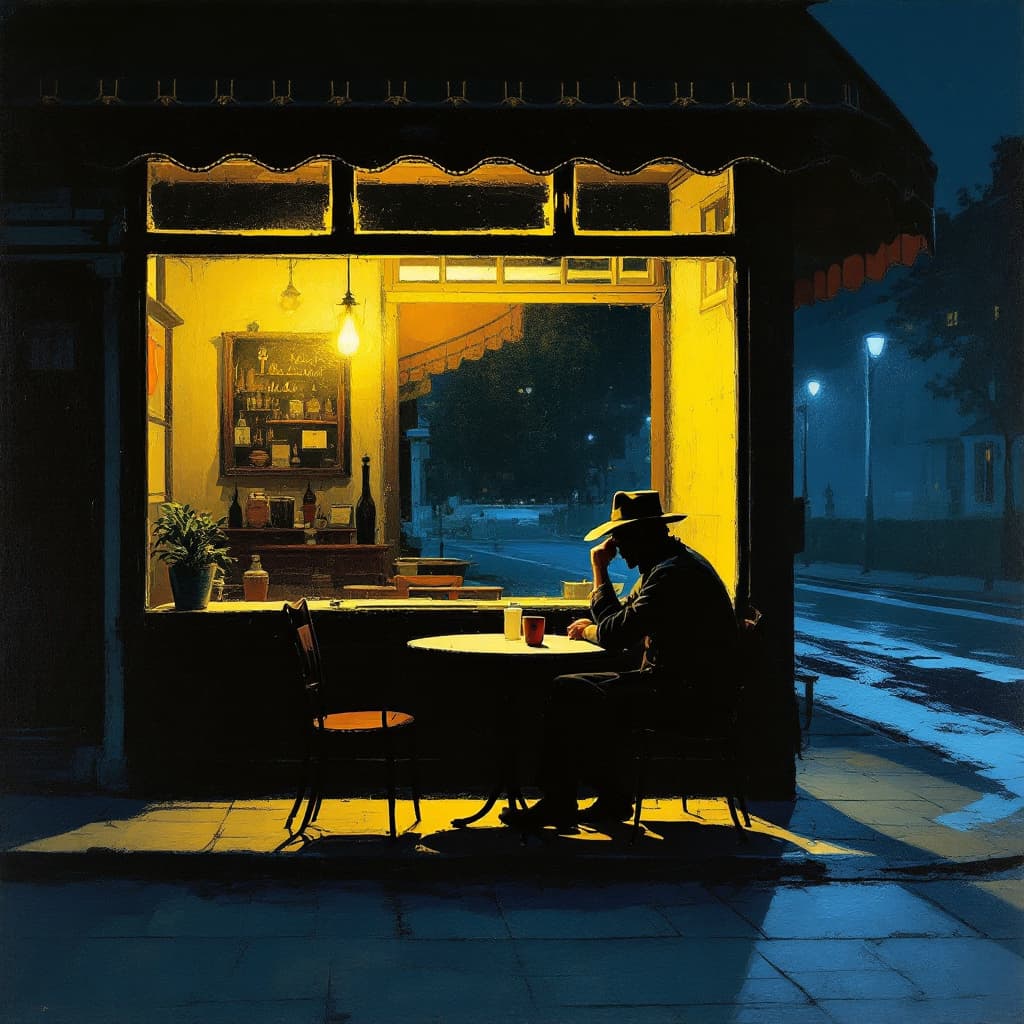 AI generated: Edward Hopper style, shadows, windows, light, night, man sitting in cafe, man with hat, cowboy