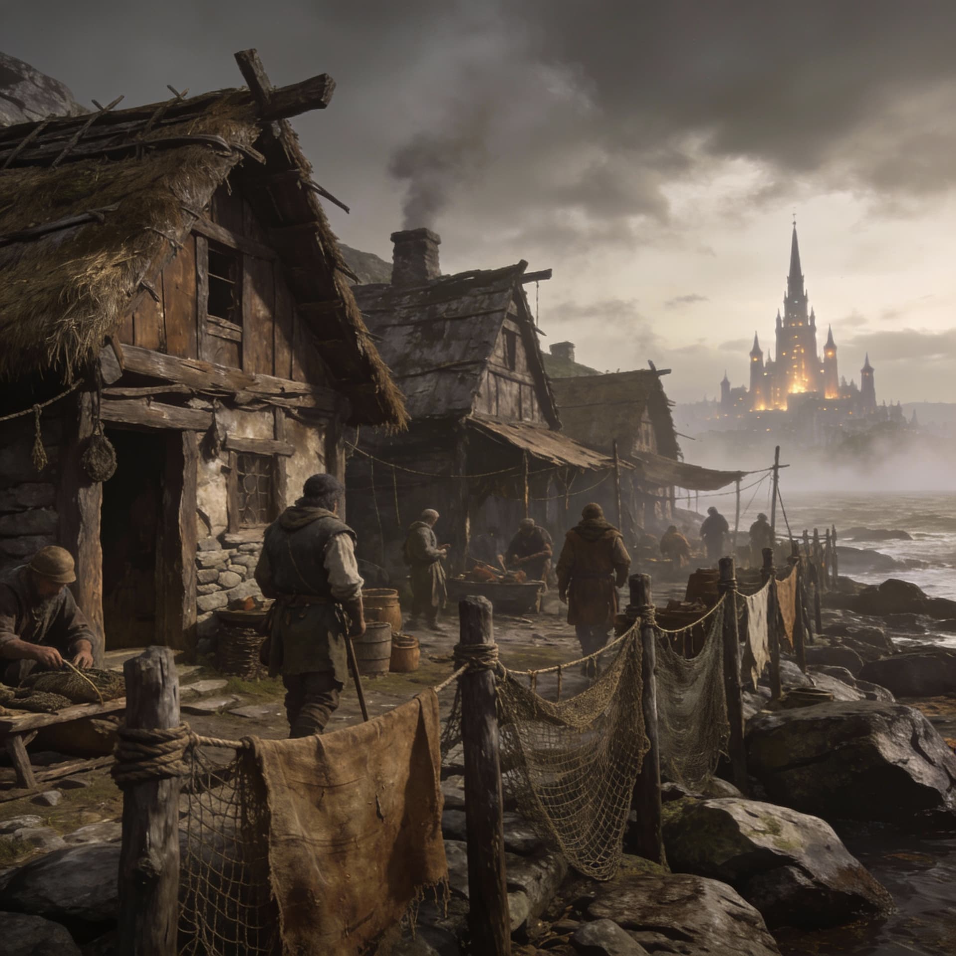 AI generated: Mid-evil fantasy world, Wheel of Time
- A small, rugged fishing village. Modest homes, drying nets, ...