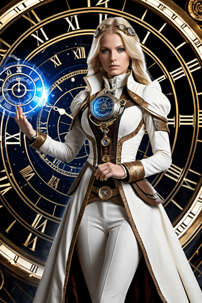 AI generated: blonde Time Traveler's Spirit: She embodies the spirit of a time traveler, standing in an enigmatic ...