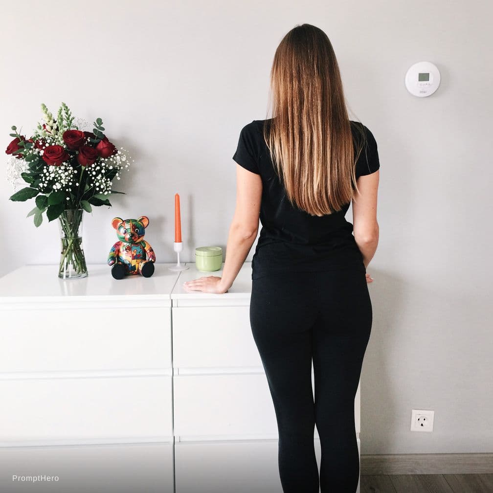 AI generated: A woman with long, light brown hair is standing with her back to the camera, leaning against a white...