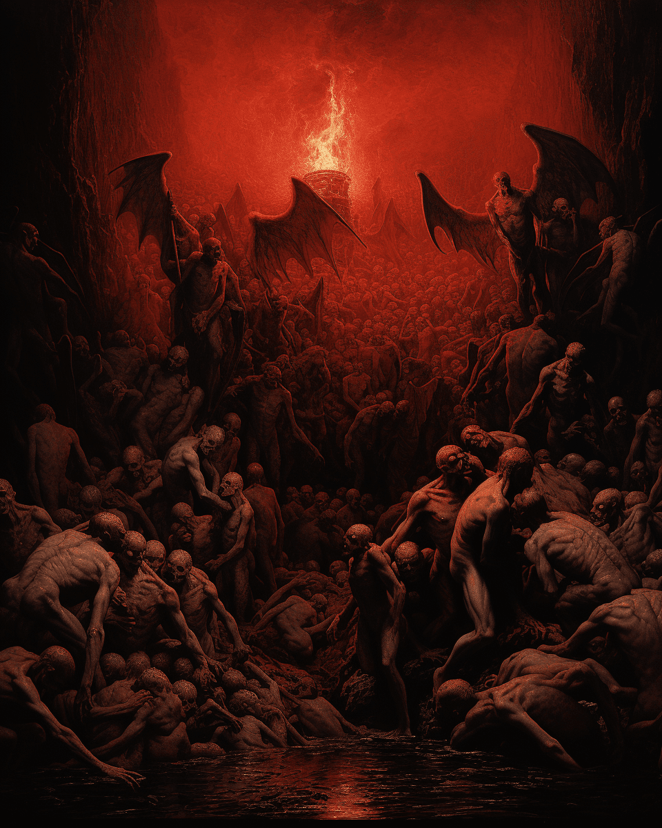 AI generated: Many demons with wings and horns were fighting in the hall of hell. A red light and dark atmosphere ...