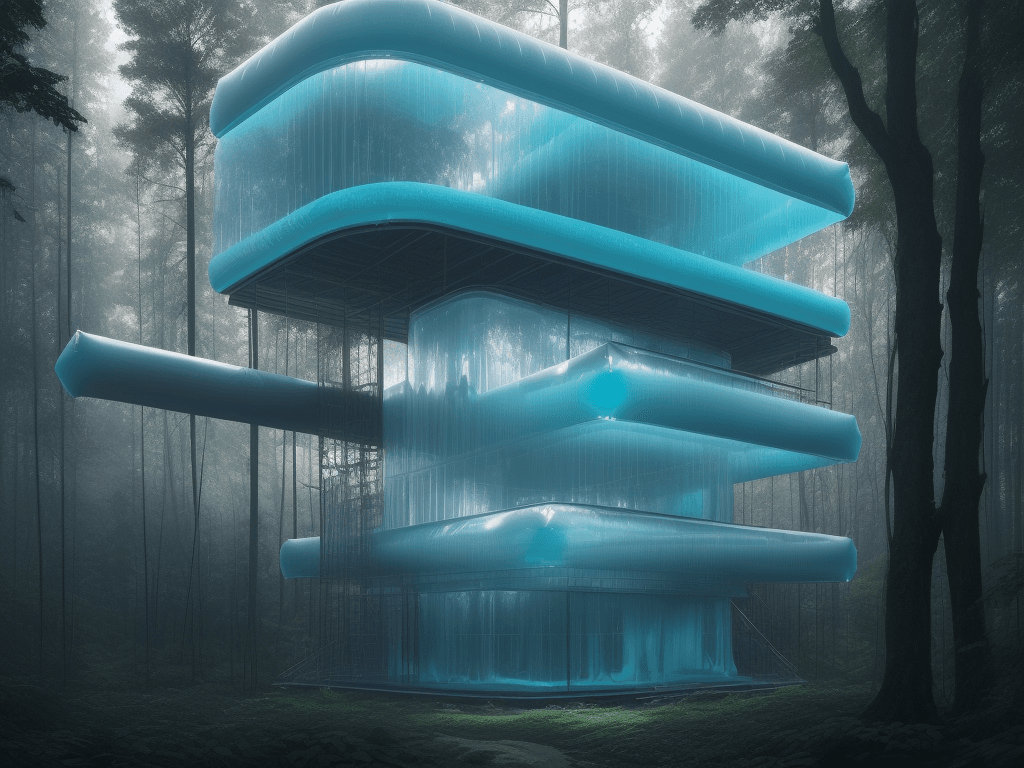 AI generated: a scaffold structure in the forest with inflatable spaces squeezed in, facade, architecture, translu...