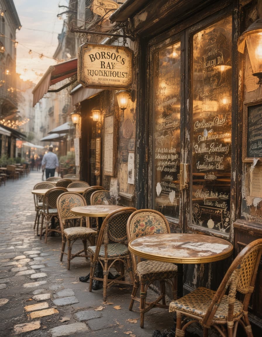 AI generated: Create a European French junk journal style cafe scene. Make it aged and gorgeous. Show an outdoor b...