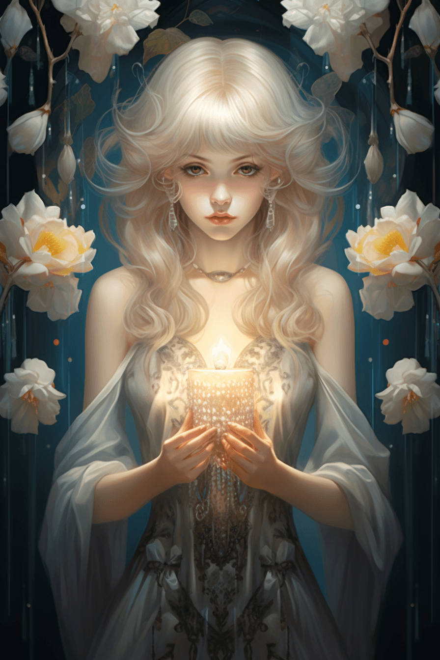 AI generated: A woman holding a crystal candle in front of flower trees, in the style of artgerm, charming charact...