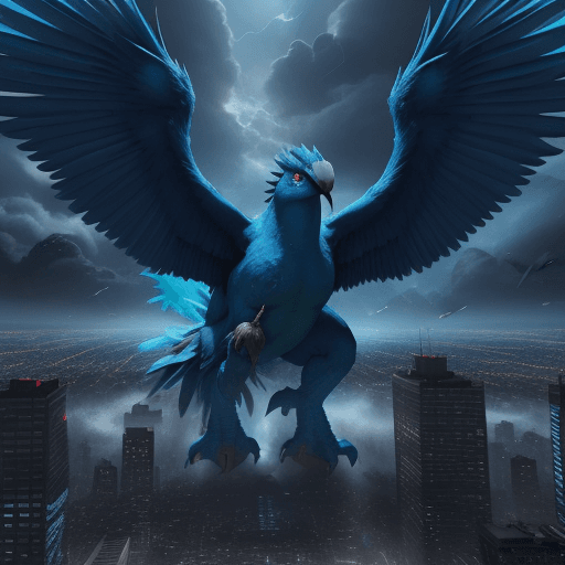 AI generated: the Twitter logo as a giant huge blue monster bird destroying a city, 4k, realistic, cinematic light...