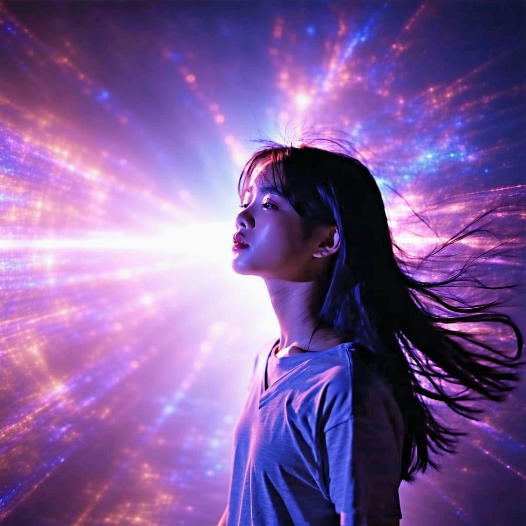 AI generated:  In high definition, trippy, a cosmic background, surrealistic, photo of an Asian girl with long hai...