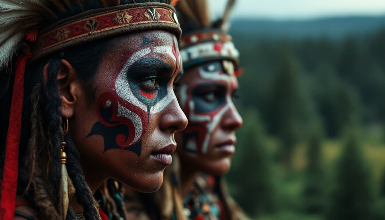 AI generated: Faces painted with red, black, and white patterns, symbolizing war, spirituality, and protection. Na...