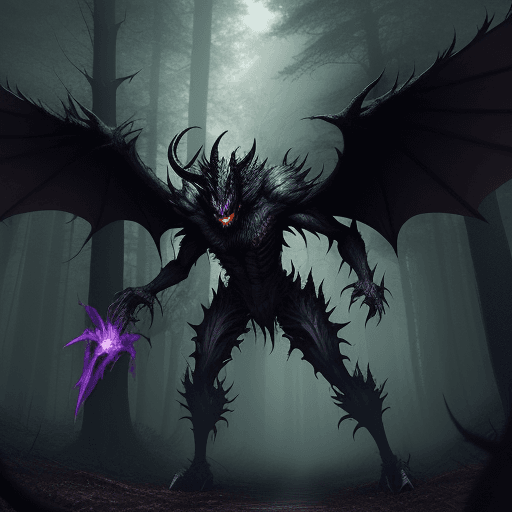 AI generated: The demon treads through the dark forest, towering over it, spreading its wings 