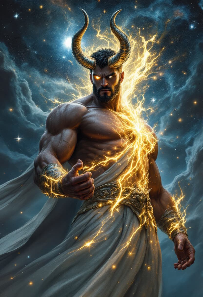 AI generated: God of Gods Muscular and tall Full body with short black and white hair with Black cleanly trimmed s...