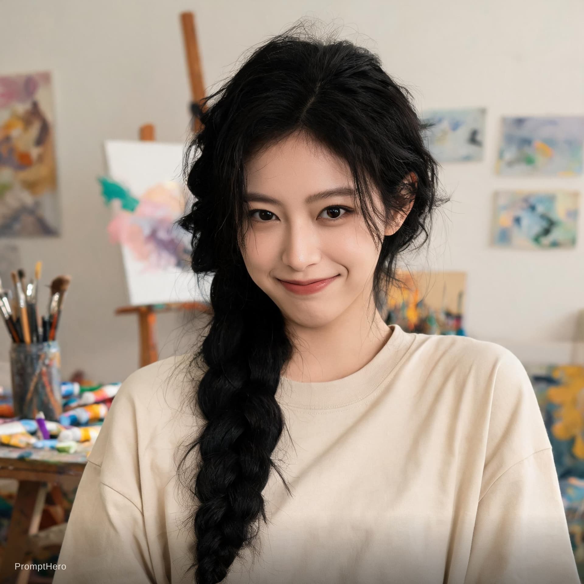 AI generated: portrait of a beautiful female painter in her studio, black hair, messy big braid, she is looking at...