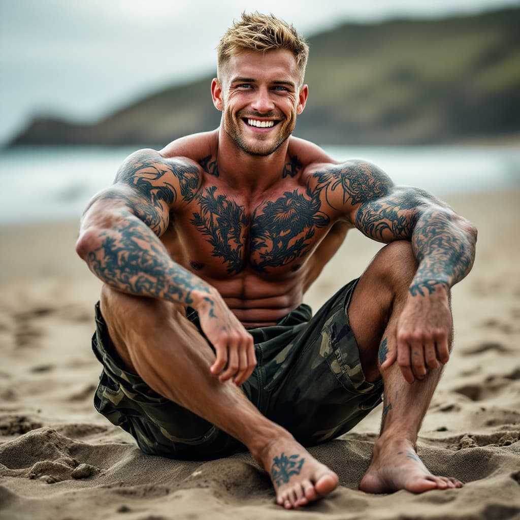 AI generated: Head to toe image, Young irish bodybuilder, lots of tattoos, short blonde hair, blue eyes, camouflag...