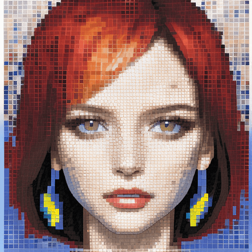 AI generated: mosaic, pixelated, tablet, create an artwork that captures the form of a fashion model face- high th...