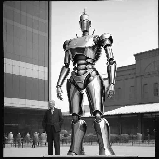 AI generated:  tall giant in the piazza from an old photograph, clear plastic wrap outside, steel robot frame insi...