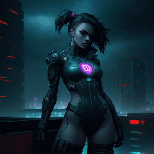 AI generated: Digital artwork, concept art, a cyberpunk girl with Prompt Hero text on her chest, standing on rooft...