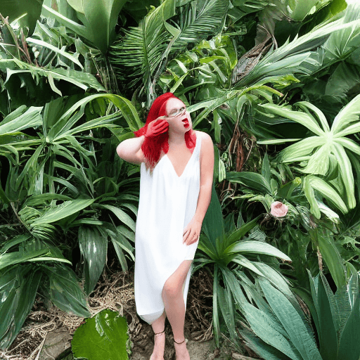 AI generated: Positive Prompt: 30 year old woman, white silk dress, red lips, (cleavage:1.3), (upper body:1.3), (f...