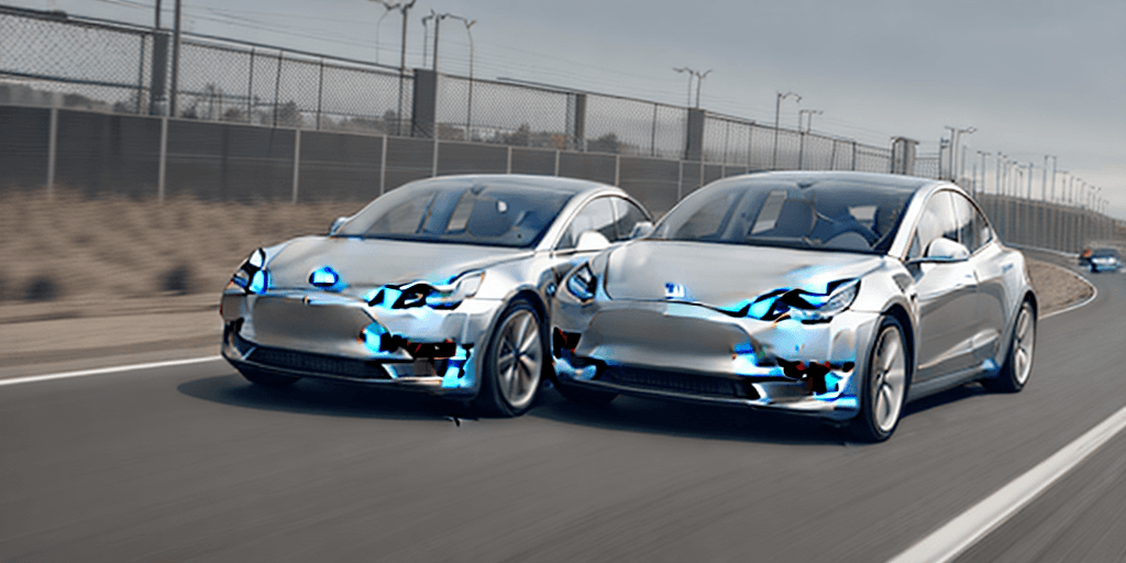 AI generated: a Tesla Model 3 speeding on a freeway with hood open 
